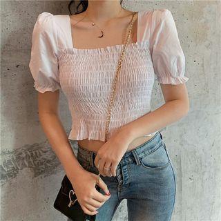 Puff-sleeve Square Neck Crinkle Crop Top