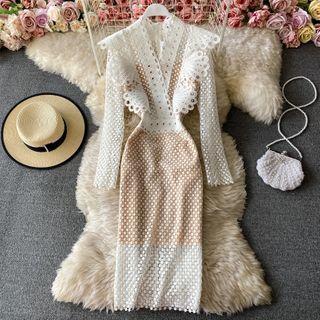 V-neck Crochet-lace Long-sleeve Slit Dress