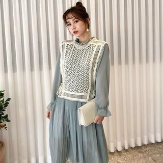 Set: Crochet-lace Vest + Pleated Chiffon Dress Sky Blue - One Size