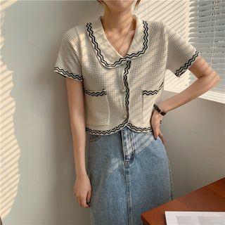Short-sleeve Contrast Trim Collared Crop Top