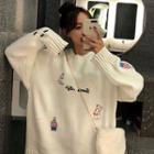 Cartoon Embroidered Sweater White - One Size