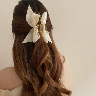 Ribbon Hair Clamp 1pc - White & Beige - One Size