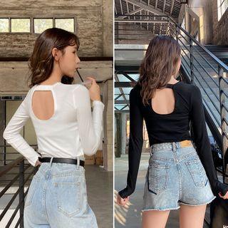 Plain Long-sleeve Cutout-back T-shirt