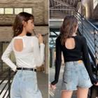 Plain Long-sleeve Cutout-back T-shirt