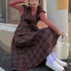 High-neck Plain Underlay Top / Color Block Plaid Jumper Dress