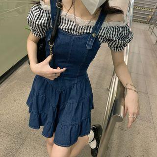 Puff-sleeve Gingham Lace Trim Blouse / Denim Mini Overall Dress
