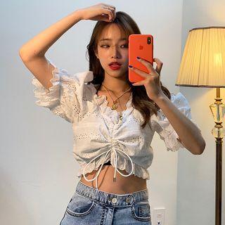 Eyelet Lace Short-sleeve Crop Blouse White - One Size