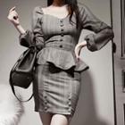 Set: Long-sleeve Plaid Peplum Top + Mini Fitted Skirt