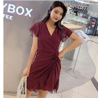 Short-sleeve Mini Glitter Wrap Dress