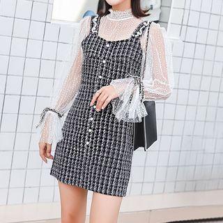 Set: Mock-neck Mesh Long-sleeve Top + Tweed Pinafore Dress