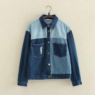 Color-block Distressed Denim Jacket
