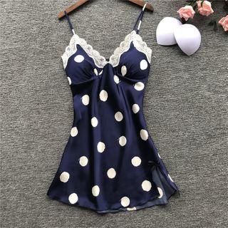 Lace Trim Dotted Spaghetti-strap Mini A-line Sleep Dress
