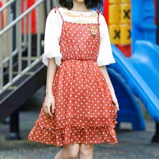 Set: Cartoon Print Dotted Sleeveless Dress + Ruffle-sleeve Printed Top
