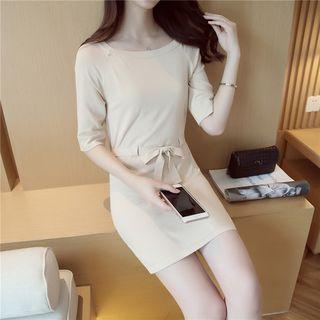 Elbow-sleeve Knit Tie Waist Dress