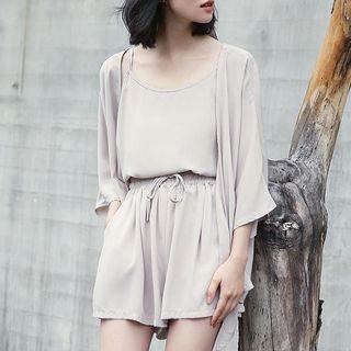 Set: 3/4 Sleeve Chiffon Coat + Camisole Top + Drawstring Shorts