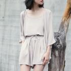 Set: 3/4 Sleeve Chiffon Coat + Camisole Top + Drawstring Shorts