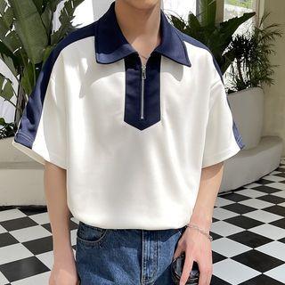 Short-sleeve Two-tone Zip Polo Shirt