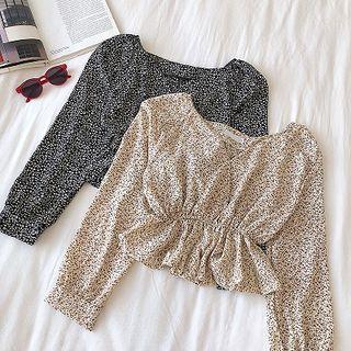 Floral V-neck Long-sleeve Chiffon Top