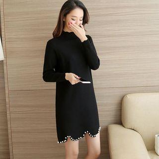 Scallop Hem Mock Neck Knit Dress
