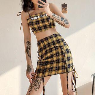 Set: Plaid Cropped Camisole Top + Mini Pencil Skirt