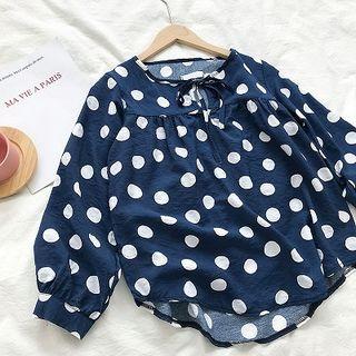 Polka Dot Crew-neck Lace-up Long-sleeve Top