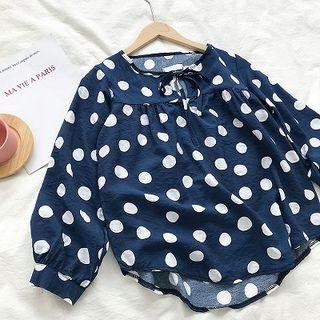 Polka Dot Crew-neck Lace-up Long-sleeve Top