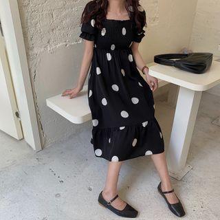 Tie-back Dotted Short-sleeve Midi A-line Dress