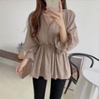 Puff-sleeve Lace Trim Blouse Brown - One Size