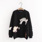 Cartoon Cat Round Neck Sweater Black - One Size