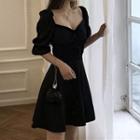 Elbow-sleeve Frill Trim A-line Mini Dress