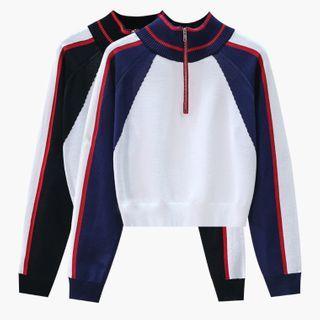 Color Block Mock-neck Half-zip Knit Top