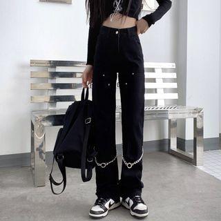 High Waist Chain Detail Straight Leg Jeans