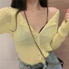 Long Sleeve Ribbed Knit Light Cardigan Yellow - One Size