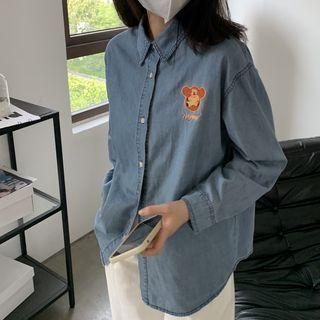 Bear Embroidered Washed Denim Shirt