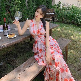Sleeveless V-neck Print Chiffon Midi A-line Dress