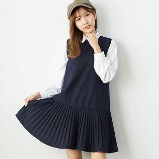 Sleeveless Pleated A-line Dress Blue - One Size