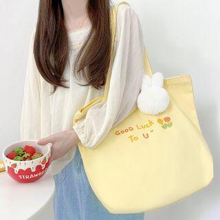 Set: Lettering Canvas Tote Bag + Bag Charm Tote Bag - Light Yellow - One Size / Charm - White - One Size