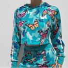 Butterfly Print Long-sleeve Hooded Crop Sweater
