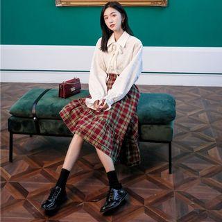 Lantern-sleeve Blouse / Plaid Midi A-line Skirt
