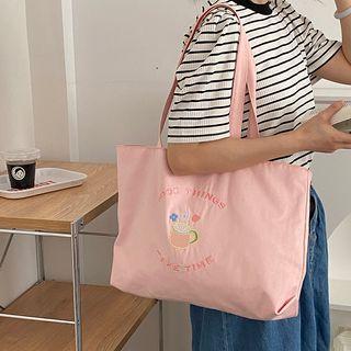 Embroidered Tote Bag Pink - One Size