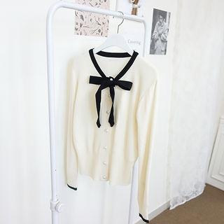 Bow-trim Faux-pearl Button Cardigan
