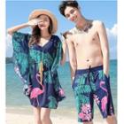 Couple Matching Set: Flamingo Print Bikini + Cover-up / Flamingo Print Swim Shorts