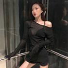 Long-sleeve Slit T-shirt Black - One Size