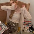 Set : Long-sleeve Almond Cardigan + Suspender Lettering Tank Top Almond - One Size