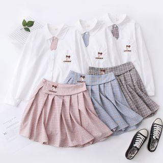 Embroidered Shirt / Plaid Mini Pleated Skirt / Set