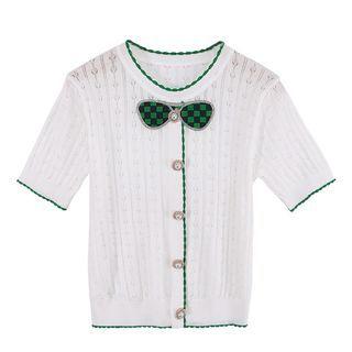Short-sleeve Bow Embellished Pointelle Knit Top