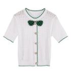 Short-sleeve Bow Embellished Pointelle Knit Top