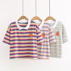 Short-sleeve Embroidered Striped Cropped T-shirt