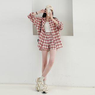 Set: Long-sleeve Plaid Shirt + High-waist Shorts Set Of 2 - Shirt & Shorts - Plaid - Tangerine & White - One Size