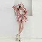 Set: Long-sleeve Plaid Shirt + High-waist Shorts Set Of 2 - Shirt & Shorts - Plaid - Tangerine & White - One Size